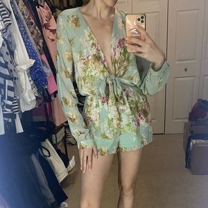 Teal long sleeve floral rompers